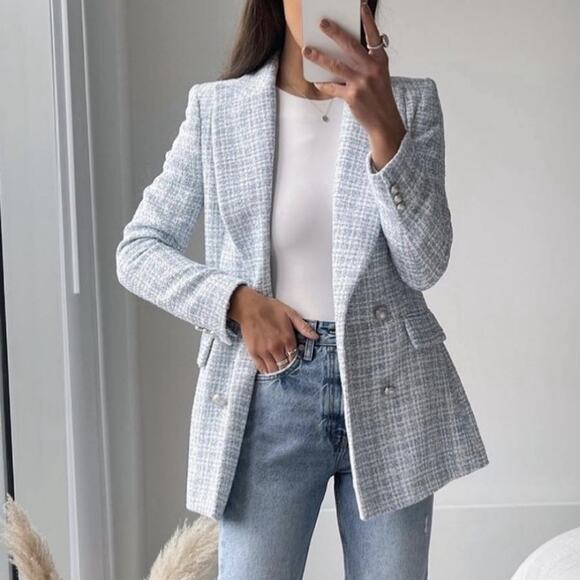 Zara Blue White Textured Tweed Double Breasted Blazer. Blogger fave. Like New - Picture 1 of 14